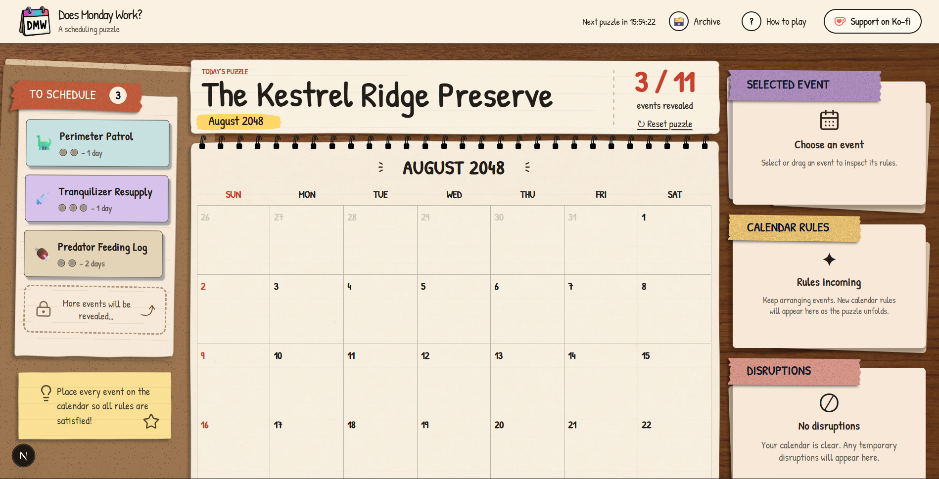 Does Monday Work? showing The Kestrel Ridge Preserve puzzle, an August 2048 calendar, events to schedule, and rule panels.